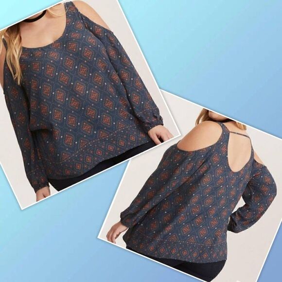 Torrid Geo Print Gauze Cold Shoulder Blouse Size 3 - Picture 1 of 7